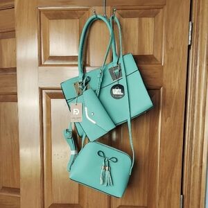 * Fashion Dazzle New York Light Mint Shoulder Tote 3 Pc Bag Set with Bows, New